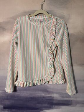 Girls Seersucker Pastel Rainbow Long Sleeve Swim Top Rash Guard